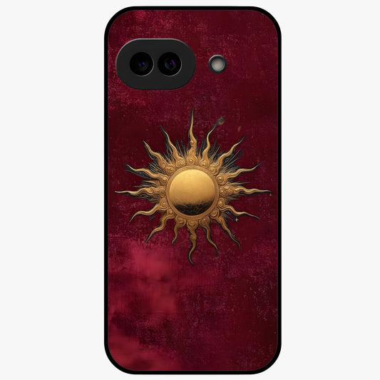 Gold Sun Blush Glass Case showing flat back view with golden sun inspired artwork and glossy glass finish.
