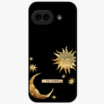 Golden Celestial Charm Glass Case showing flat back view with golden celestial charm artwork and glossy glass finish.