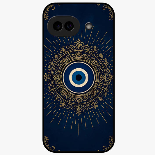 Golden Evil Eye Mandala Glass Case showing flat back view with intricate evil eye mandala artwork and glossy glass finish.