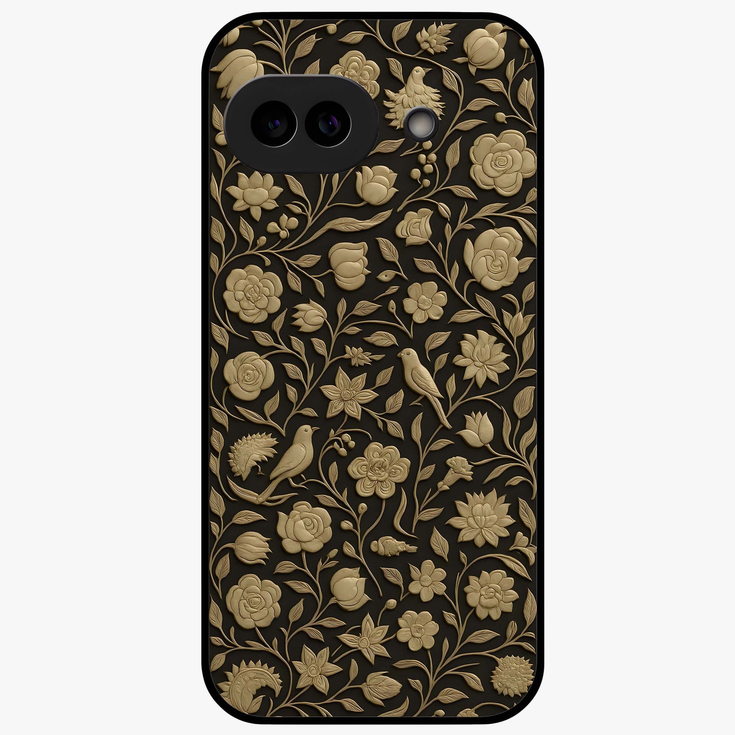 Golden Floral Majesty Glass Case showing flat back view with luxurious golden floral artwork and glossy glass finish.