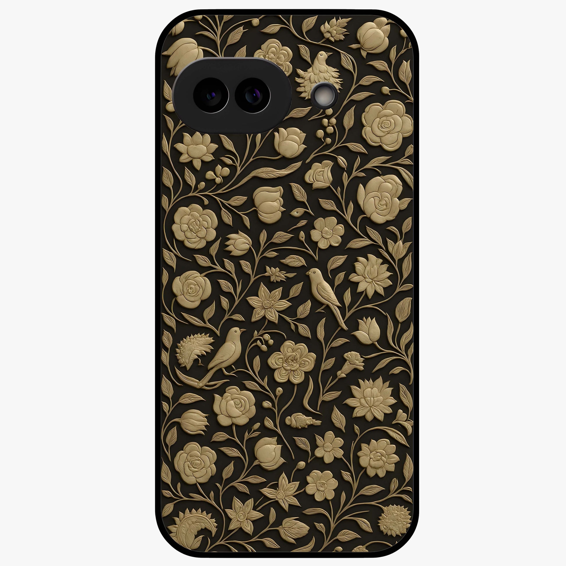 Golden Floral Majesty Glass Case showing flat back view with luxurious golden floral artwork and glossy glass finish.