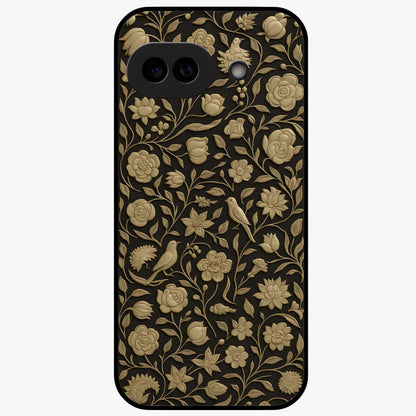 Golden Floral Majesty Glass Case showing flat back view with luxurious golden floral artwork and glossy glass finish.