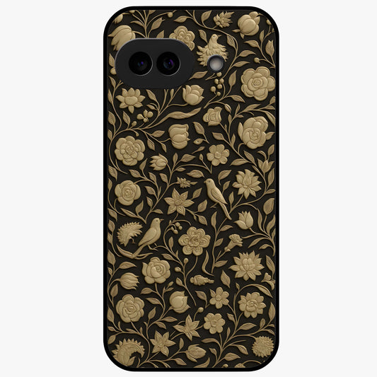 Golden Floral Majesty Glass Case showing flat back view with luxurious golden floral artwork and glossy glass finish.
