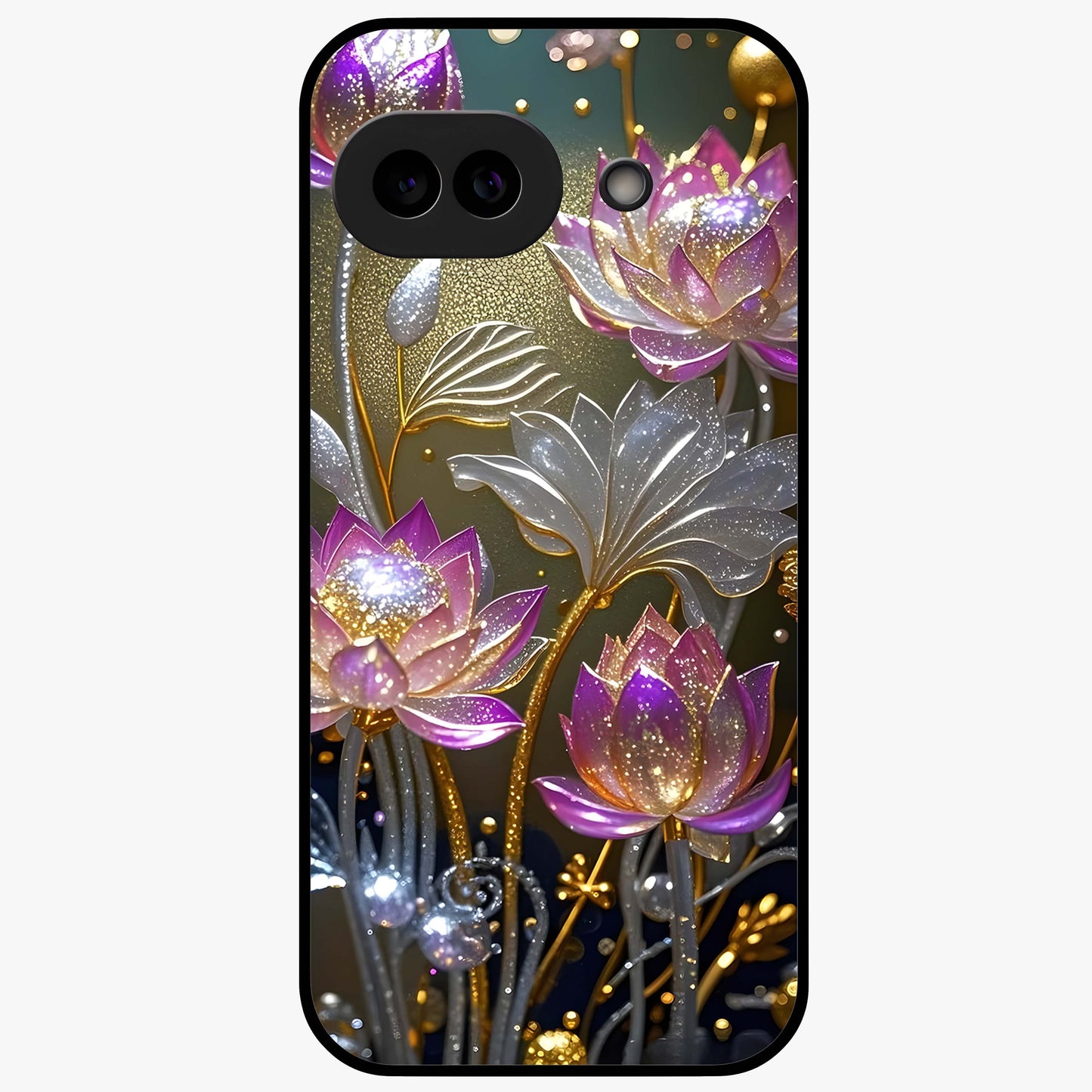 Golden Lotus Glow Glass Case showing flat back view with glowing lotus flower artwork and glossy glass finish.