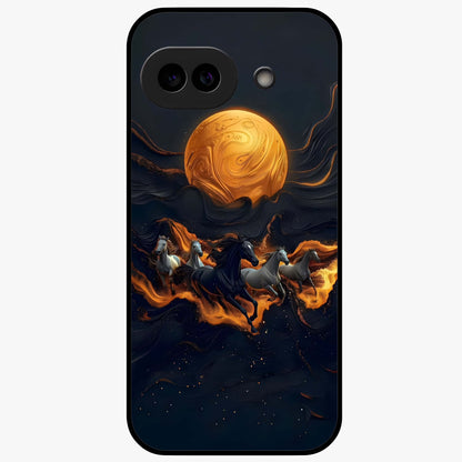Golden Stallion Moonride Glass Case showing flat back view with majestic horse under moonlight artwork and glossy glass finish.