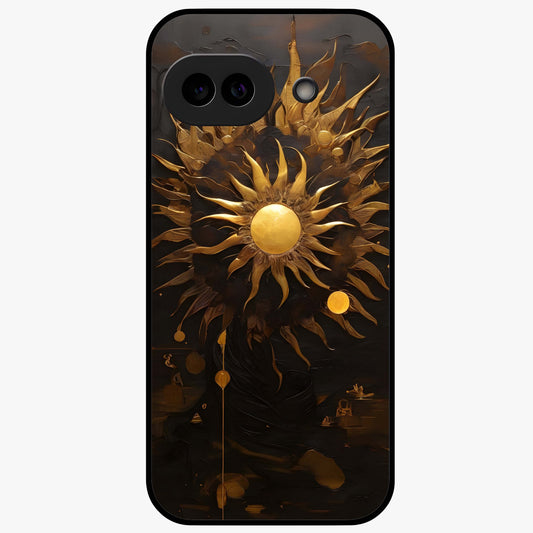 Golden Sun Majesty Glass Case showing flat back view with radiant golden sun artwork and glossy glass finish.