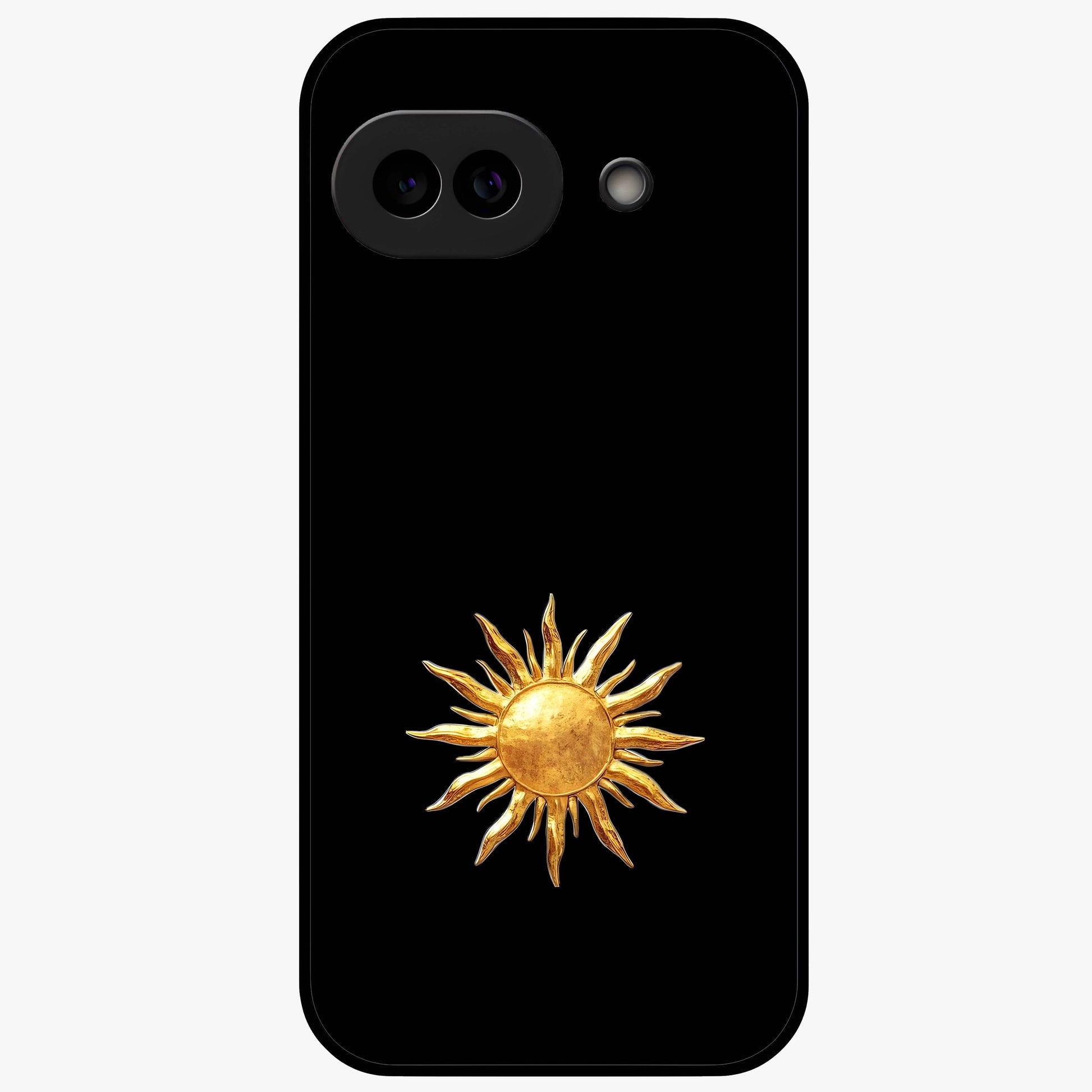 Golden Sun Minimalism Glass Case showing flat back view with minimal golden sun artwork and glossy glass finish.
