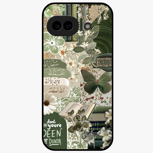 Green Islamic Books Quotes Glass Case showing flat back view with Islamic quotes and book themed artwork and glossy glass finish.