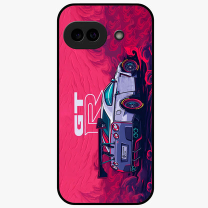GT-R Car Pattern Glass Case showing flat back view with sporty car inspired pattern artwork and glossy glass finish.