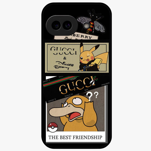 Gucci Play Mashup Glass Case showing flat back view with luxury inspired graphic artwork and glossy glass finish.