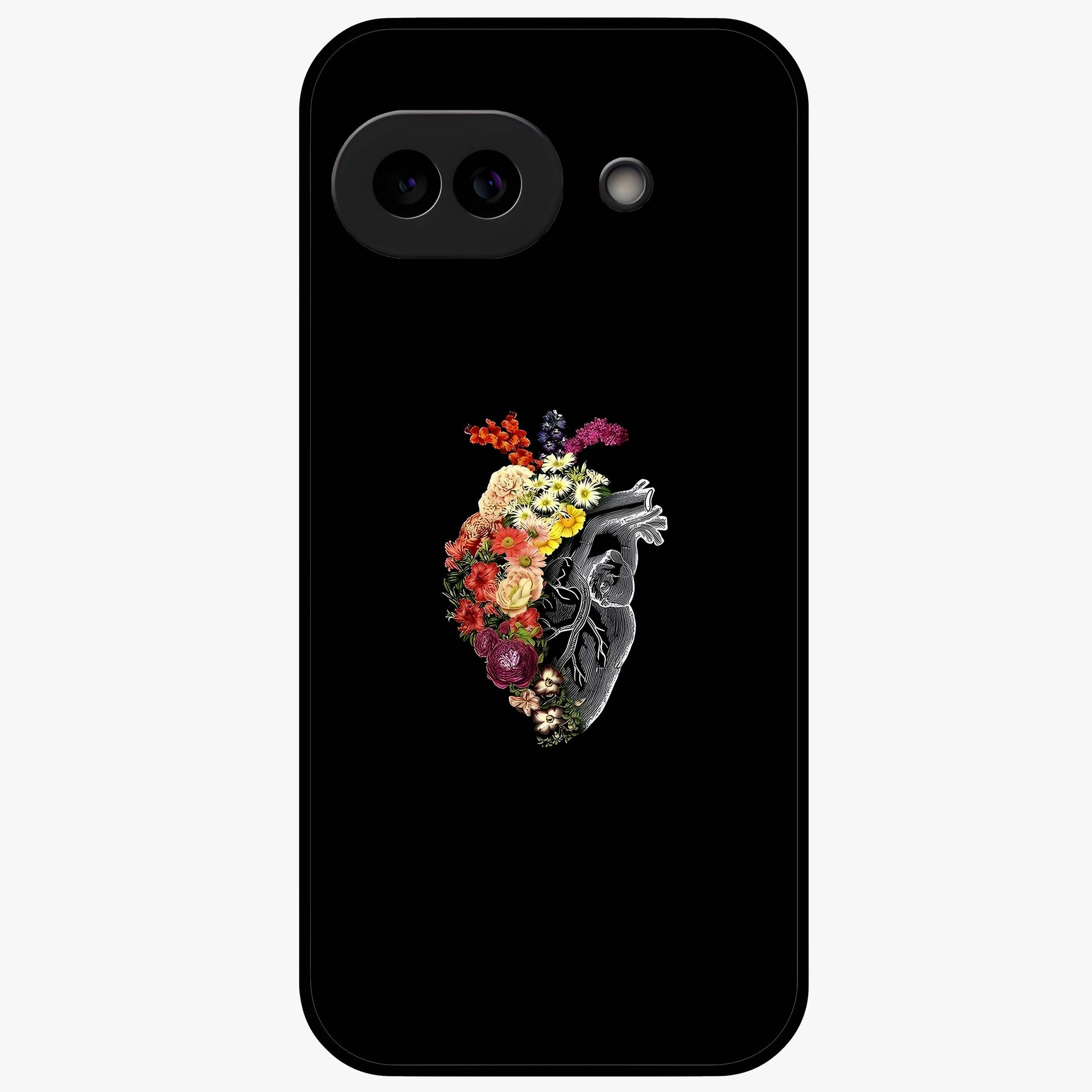 Heart With Flowers Glass Case showing flat back view with heart shaped floral artwork and glossy glass finish.