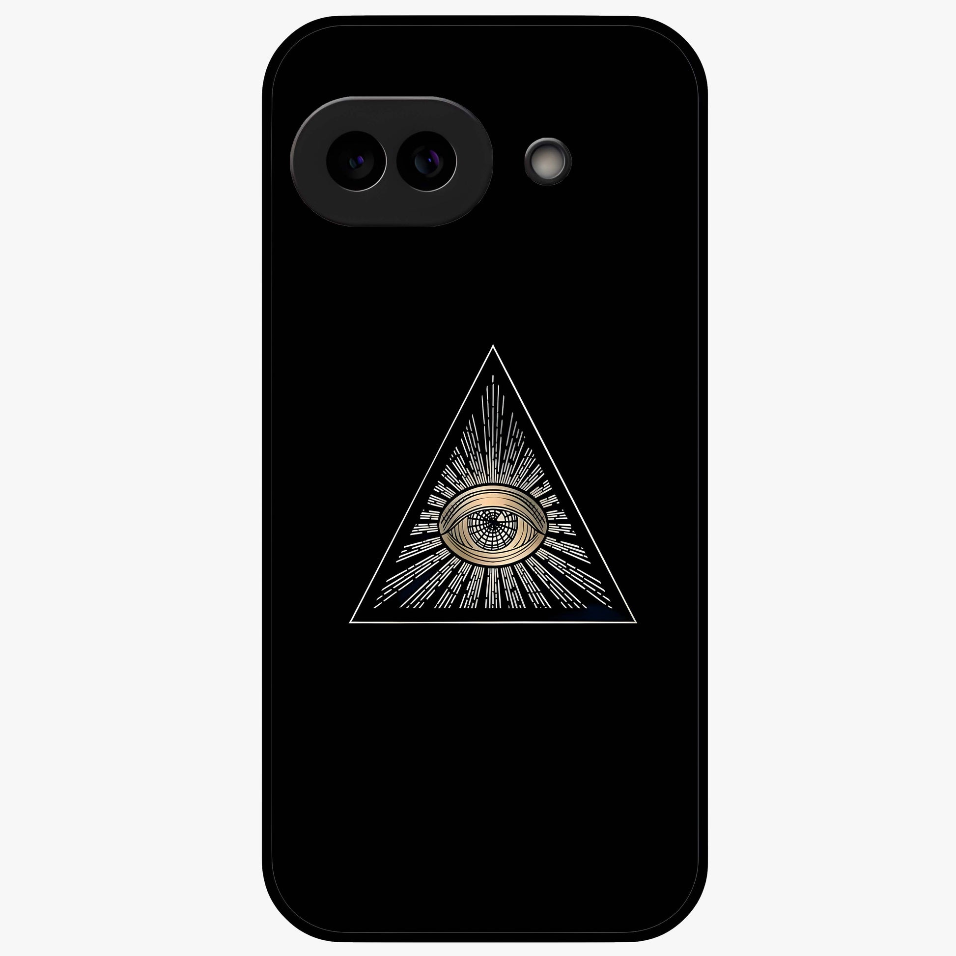 Illuminati Evil Glass Case showing flat back view with mysterious illuminati symbol artwork and glossy glass finish.