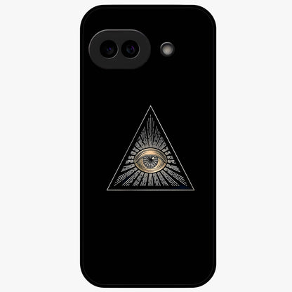 Illuminati Evil Glass Case showing flat back view with mysterious illuminati symbol artwork and glossy glass finish.
