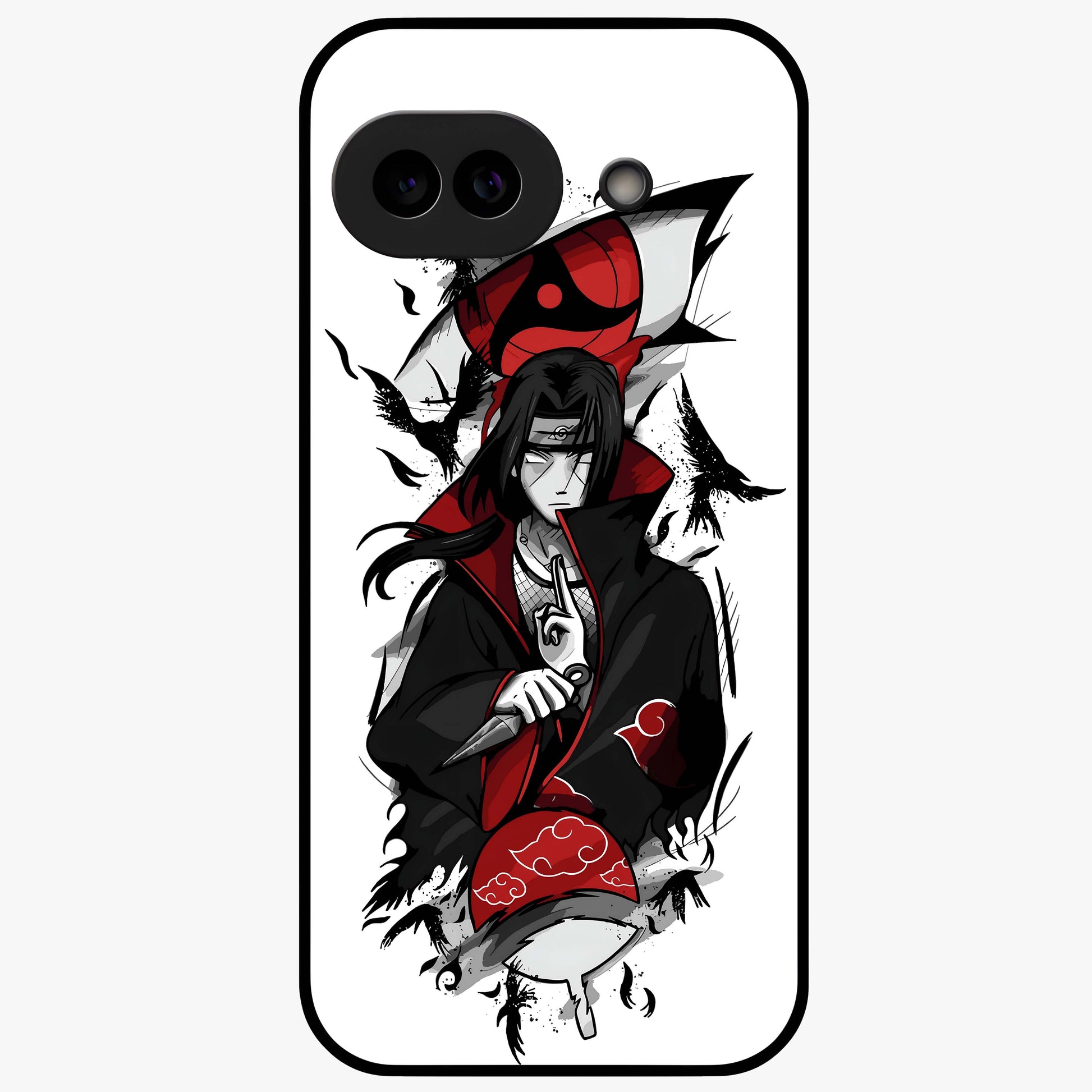 Itachi Sharingan Glass Case showing flat back view with powerful anime eye artwork and glossy glass finish.