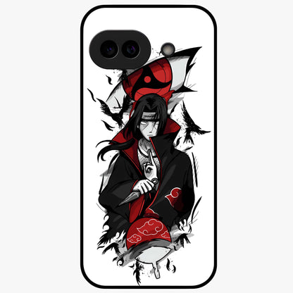 Itachi Sharingan Glass Case showing flat back view with powerful anime eye artwork and glossy glass finish.