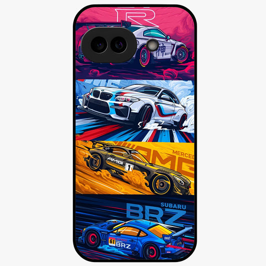 JDM Sports Car Glass Case showing flat back view with high performance sports car artwork and glossy glass finish.
