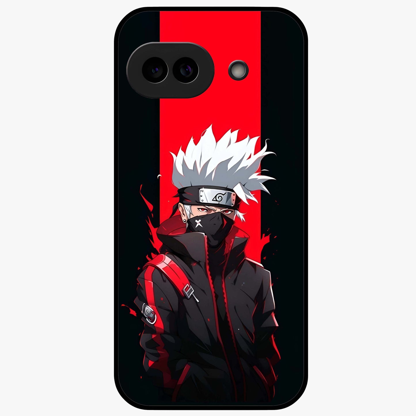 Kakashi Scarlet Shadow Glass Case showing flat back view with powerful anime ninja artwork and glossy glass finish.