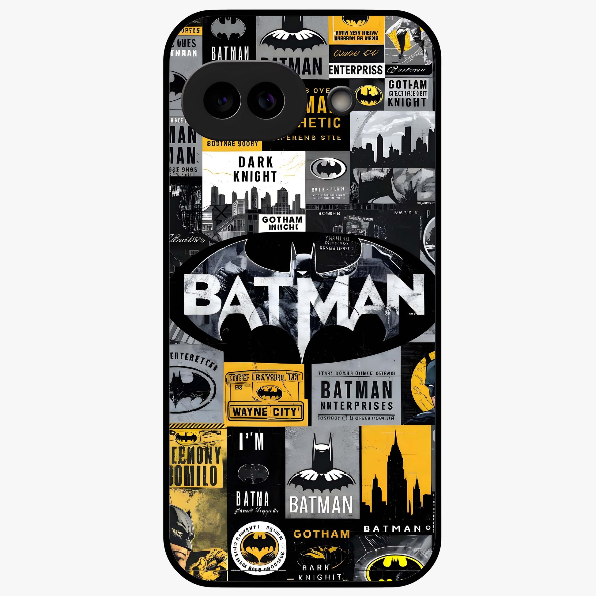 Knight Gotham Rise Glass Case showing flat back view with dark hero inspired artwork and glossy glass finish.