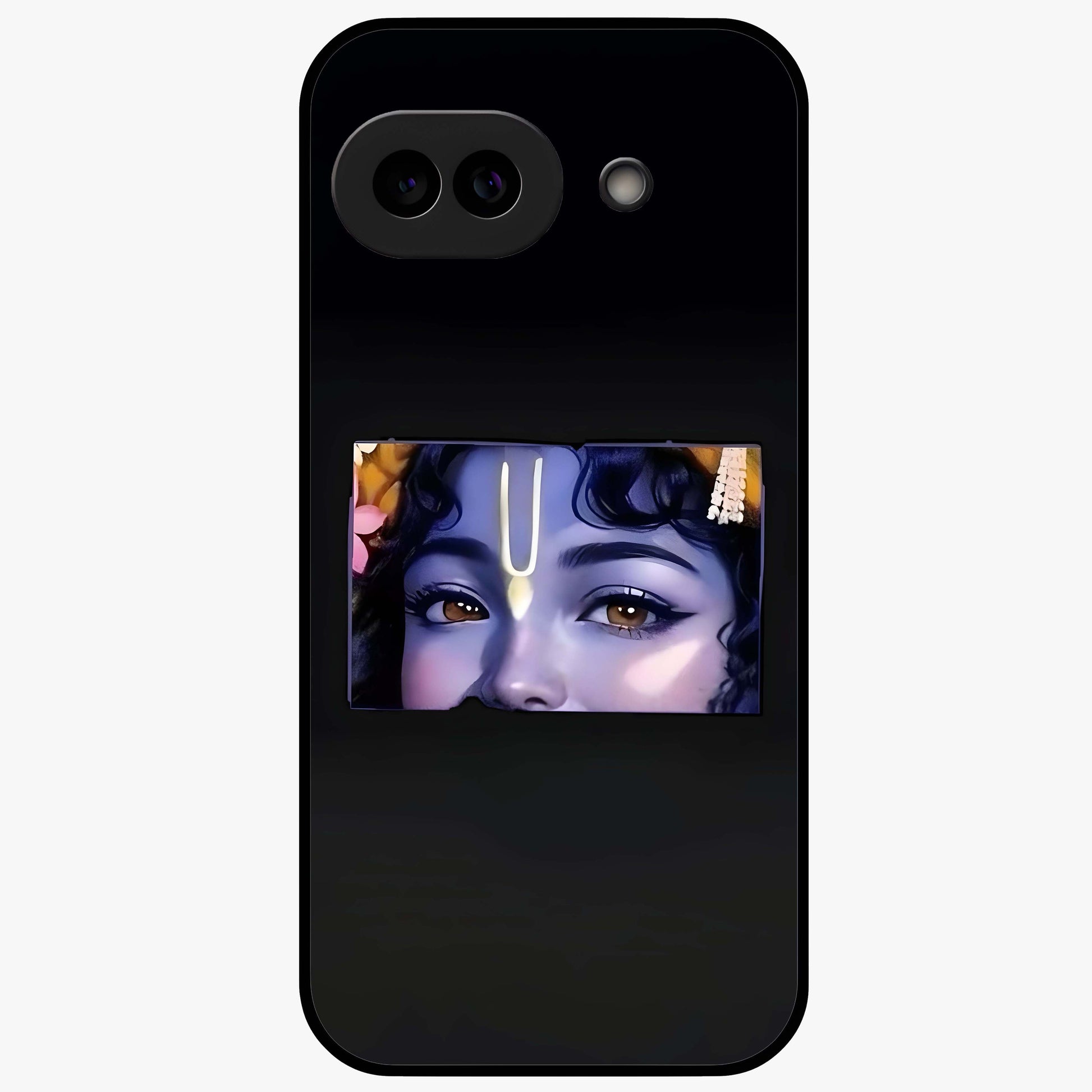 Krishna Divine Embrace Glass Case showing flat back view with Lord Krishna devotional artwork and glossy glass finish.