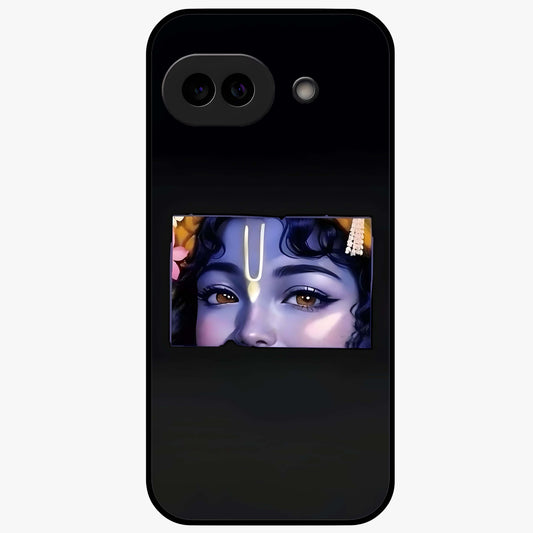 Krishna Divine Embrace Glass Case showing flat back view with Lord Krishna devotional artwork and glossy glass finish.