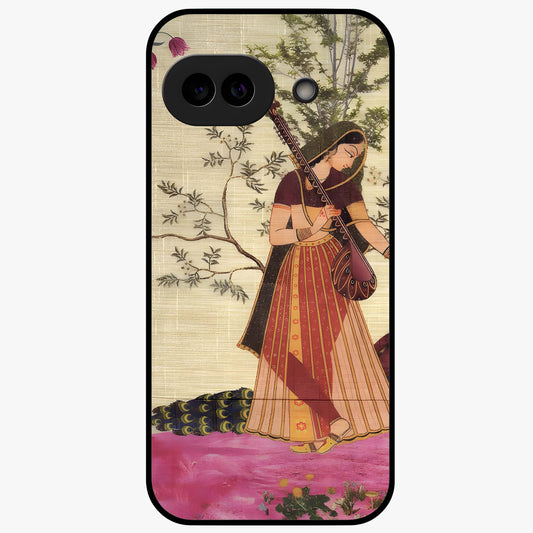 Lady With Veena Art Glass Case showing flat back view with elegant woman playing veena artwork and glossy glass finish.