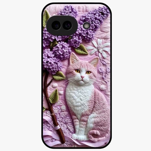Lavender Cat Whimsy Glass Case showing flat back view with cute lavender cat artwork and glossy glass finish.