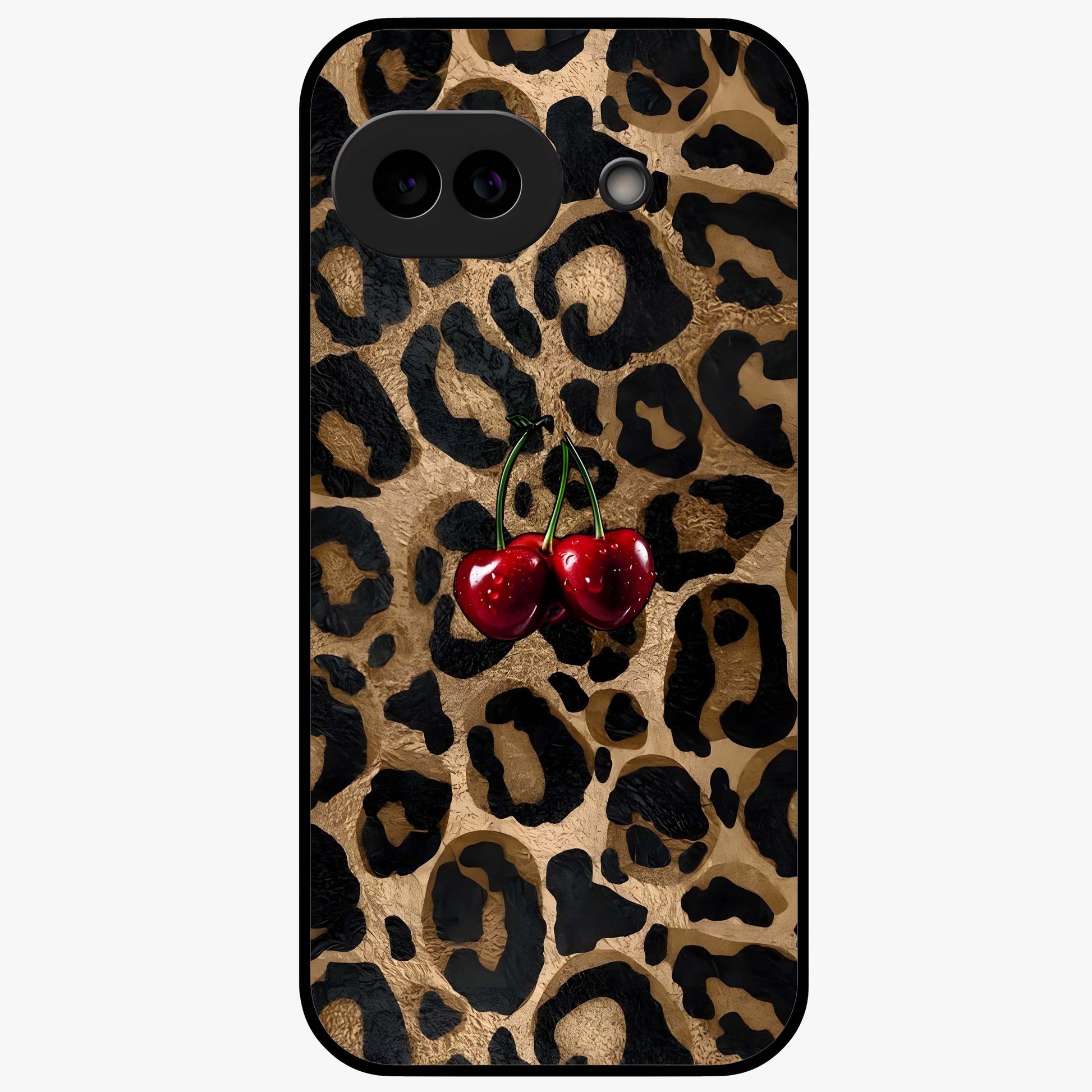 Leopard Wild Cherry Glass Case showing flat back view with leopard pattern and cherry artwork and glossy glass finish.