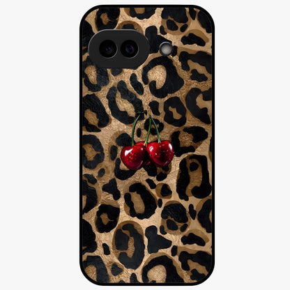 Leopard Wild Cherry Glass Case showing flat back view with leopard pattern and cherry artwork and glossy glass finish.