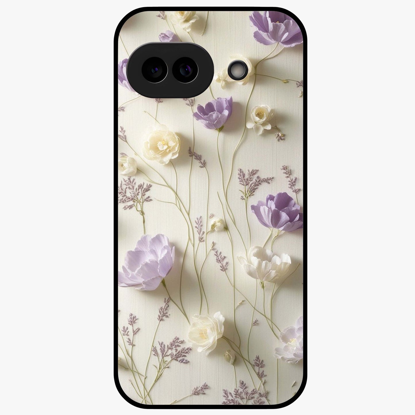 Lilac Breeze Harmony Glass Case showing flat back view with soft lilac themed artwork and glossy glass finish.