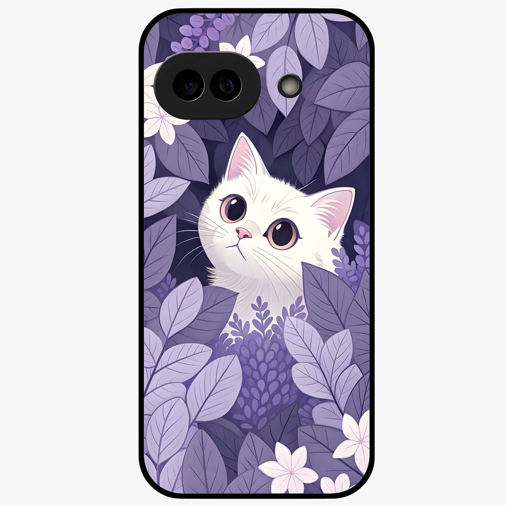 Lilac Hide Peek Cat Glass Case showing flat back view with cute peeking cat artwork and glossy glass finish.