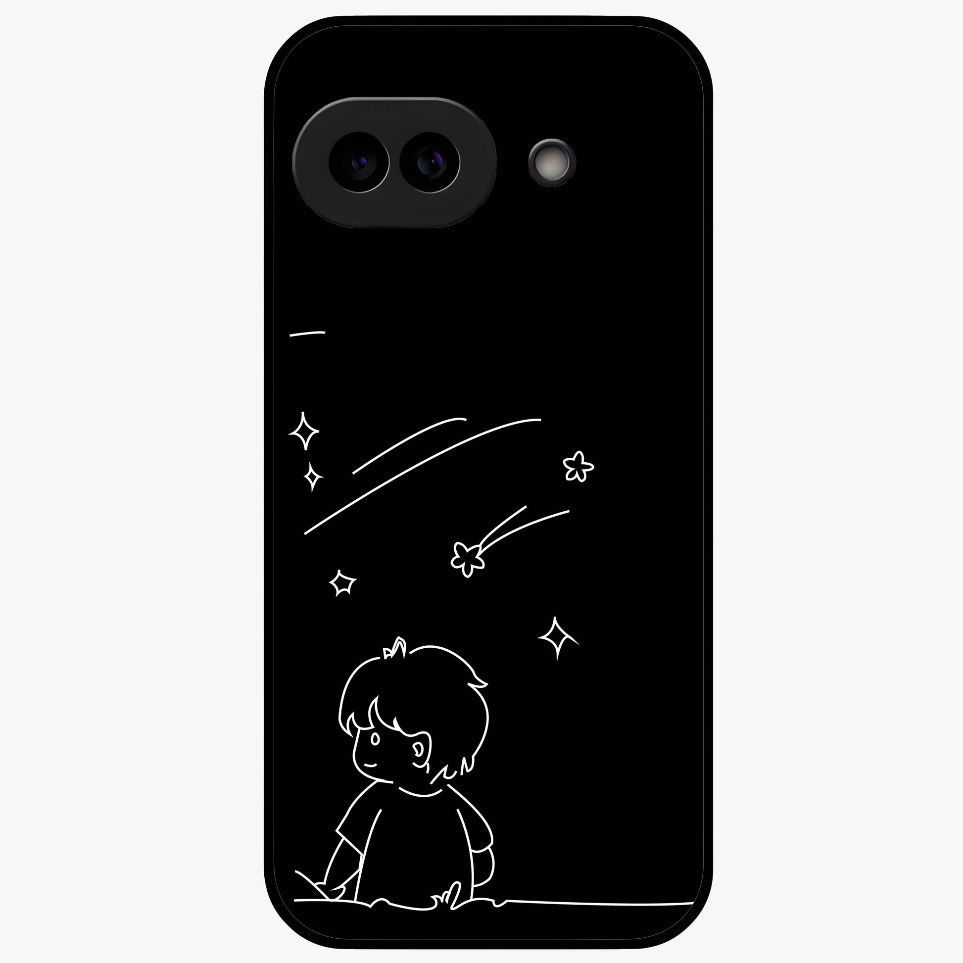 Line Art Boy With Shooting Stars Glass Case showing flat back view with minimal line art boy and shooting stars illustration and glossy glass finish.