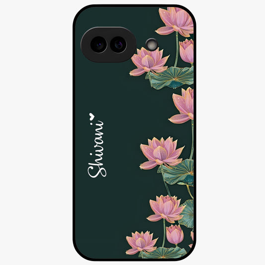 Lotus Bloom Serenity Custom Name Glass Case showing flat back view with elegant lotus flower artwork and personalized name design.