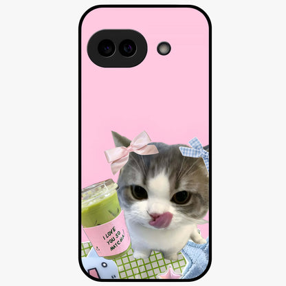 Love Matcha Cat Glass Case showing flat back view with cute cat and matcha themed artwork and glossy glass finish.