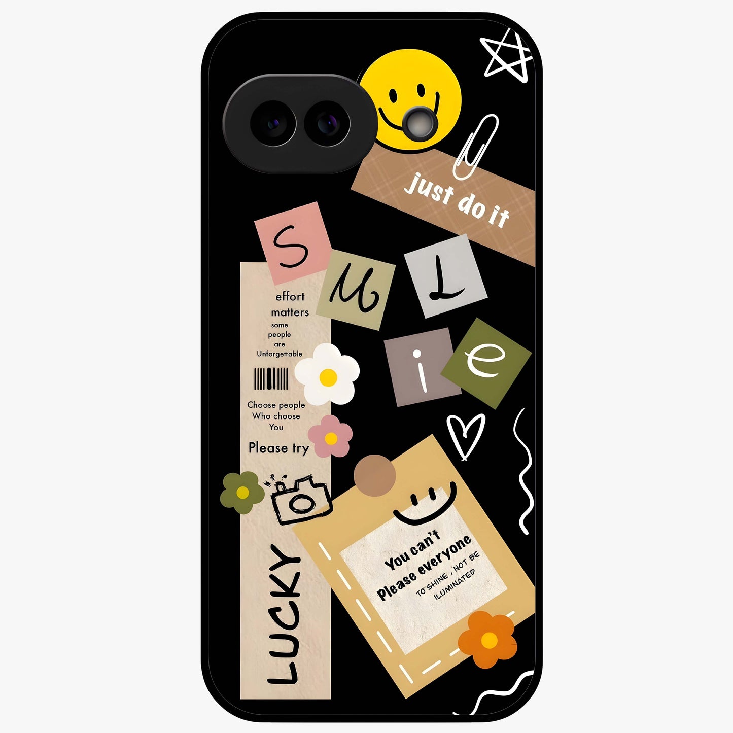 Lucky Aesthetic Collage Glass Case showing flat back view with trendy aesthetic collage artwork and glossy glass finish.