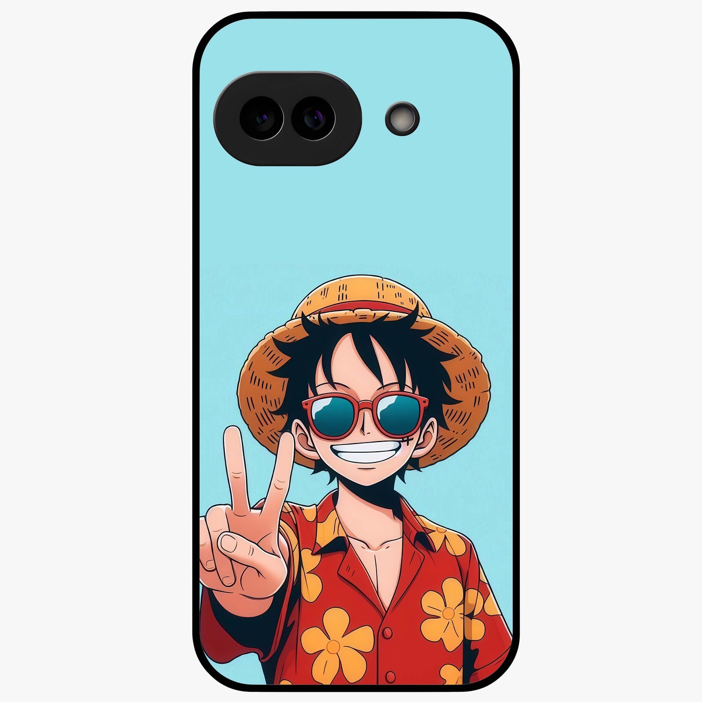 Luffy Summer Anime Vibe Glass Case showing flat back view with vibrant anime character artwork and glossy glass finish.