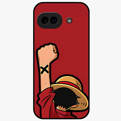 Luffy X Spirit Glass Case showing flat back view with bold anime character artwork and glossy glass finish.