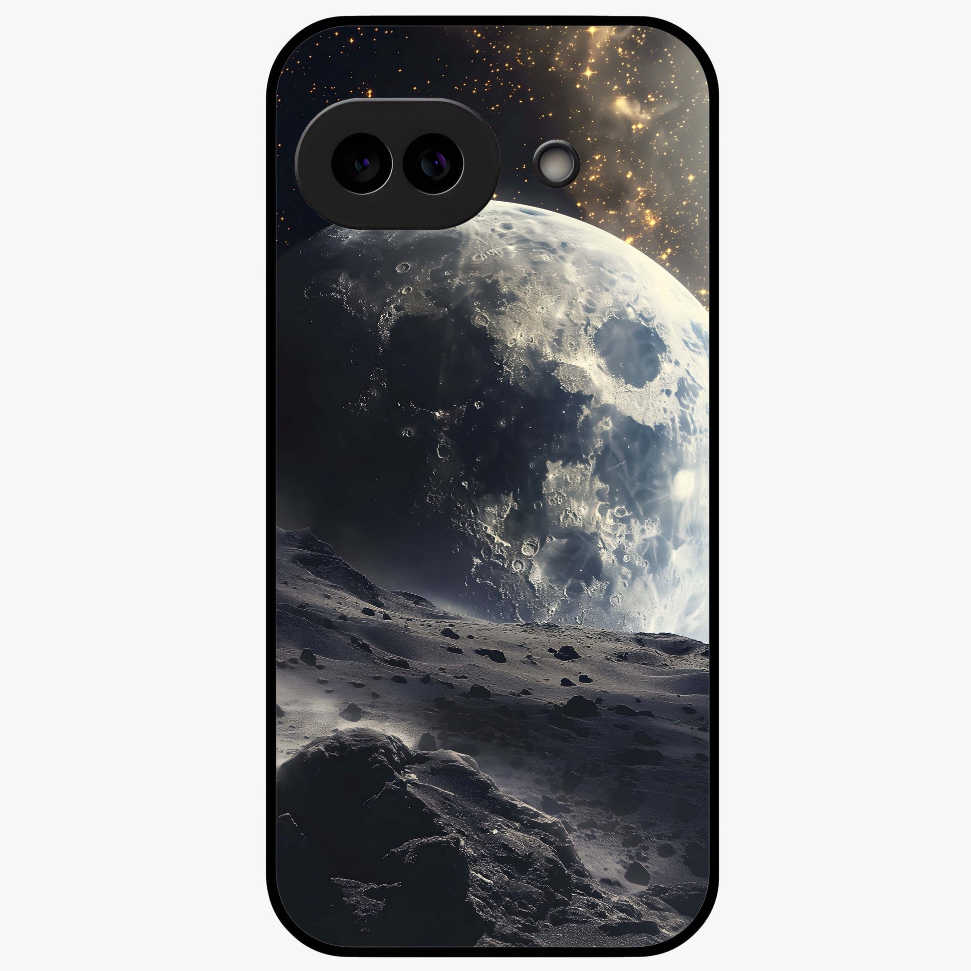 Lunar Horizon Glow Glass Case showing flat back view with glowing moon horizon artwork and glossy glass finish.