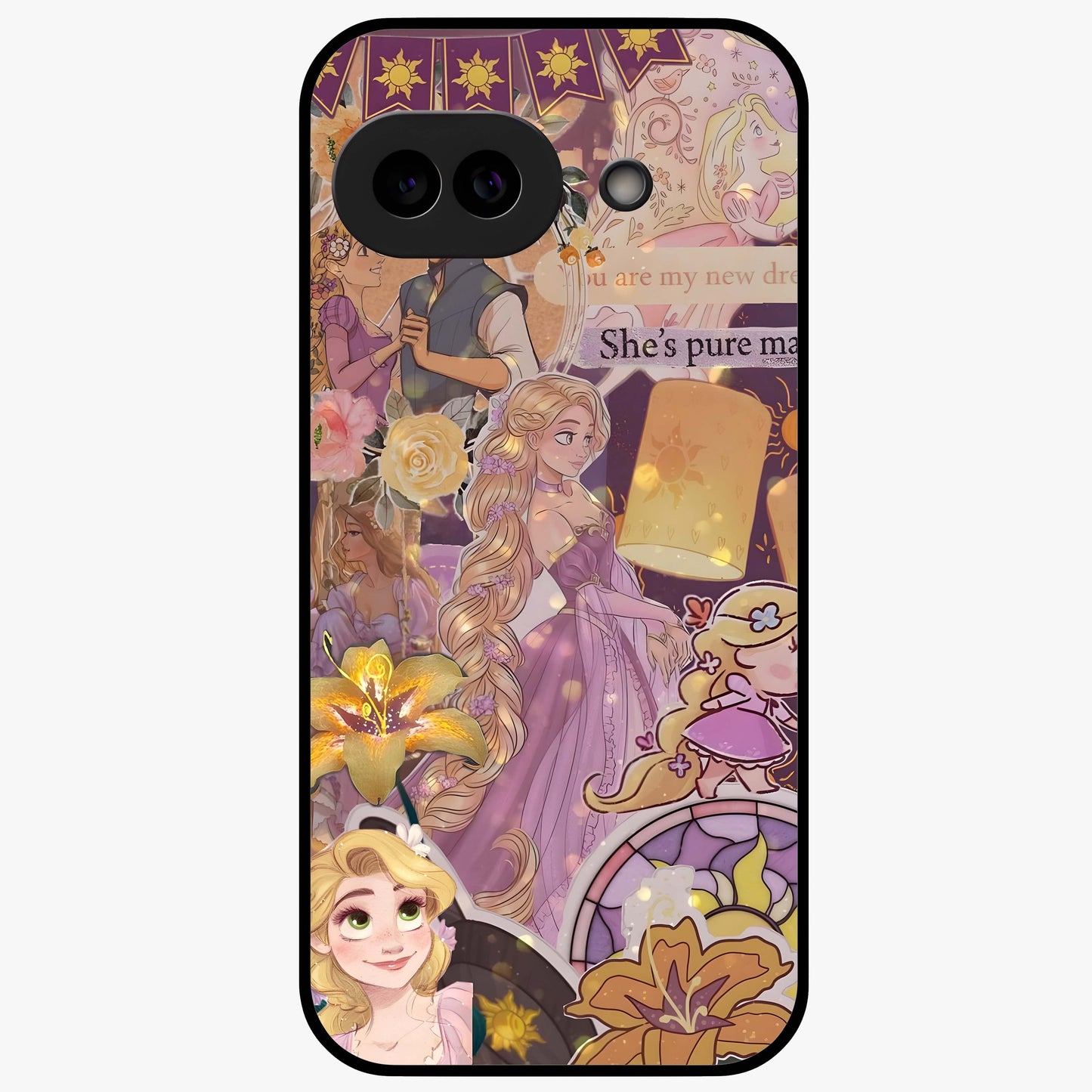 Magical Tangled Dream Glass Case showing flat back view with dreamy tangled artwork and glossy glass finish.