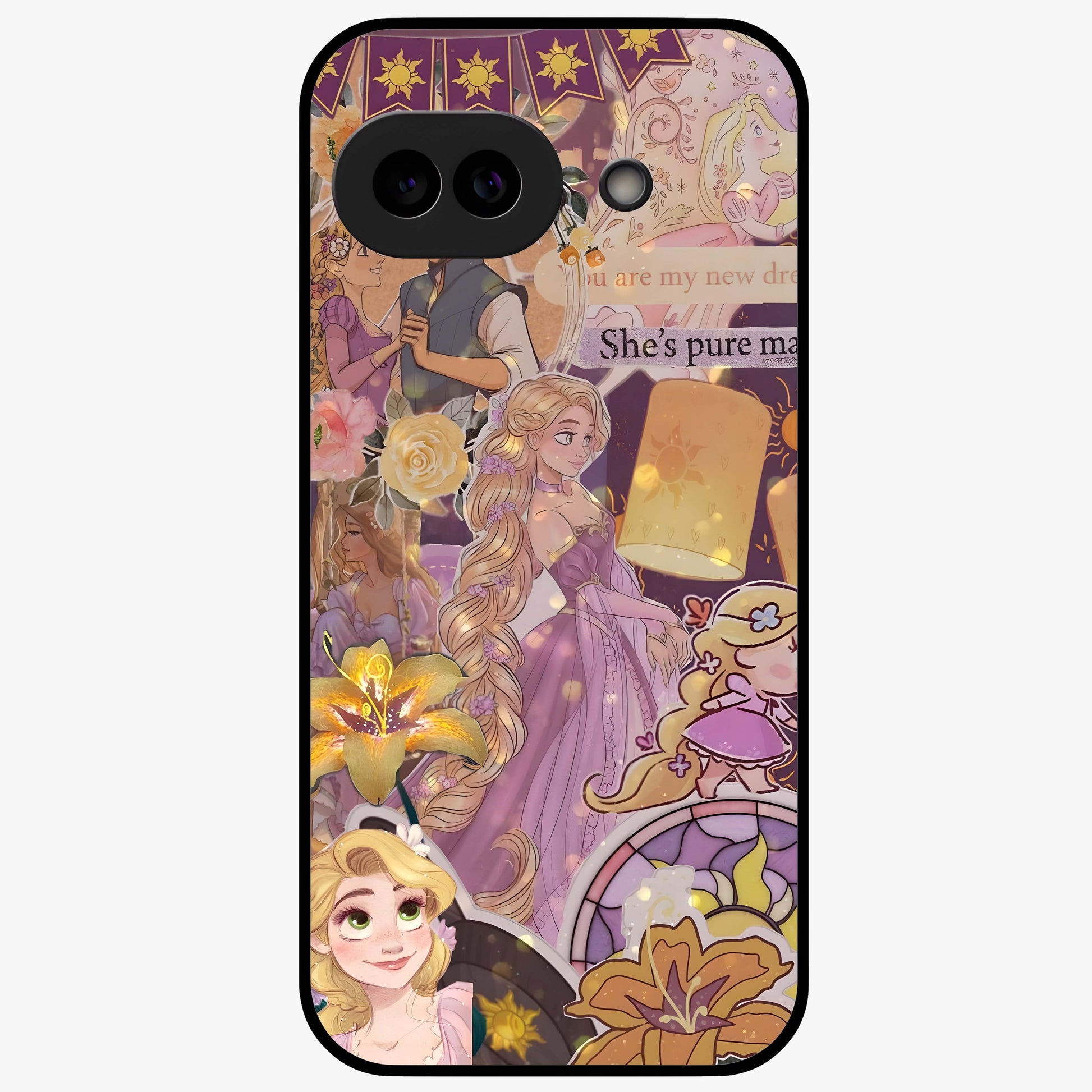 Magical Tangled Dream Glass Case showing flat back view with dreamy tangled artwork and glossy glass finish.