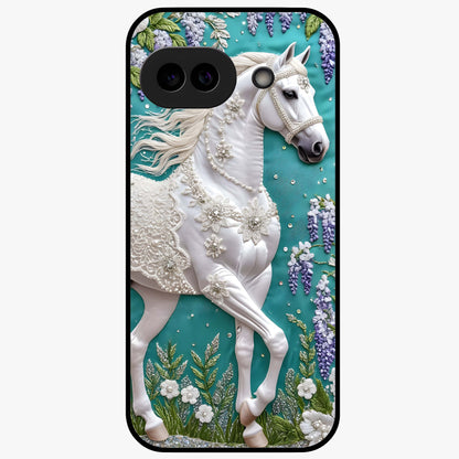 Majestic Floral Stallion Glass Case showing flat back view with powerful horse and floral artwork and glossy glass finish.