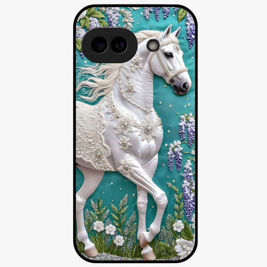 Majestic Floral Stallion Glass Case showing flat back view with powerful horse and floral artwork and glossy glass finish.