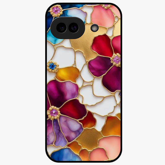 Marble Flower Pattern Glass Case showing flat back view with marble texture floral artwork and glossy glass finish.