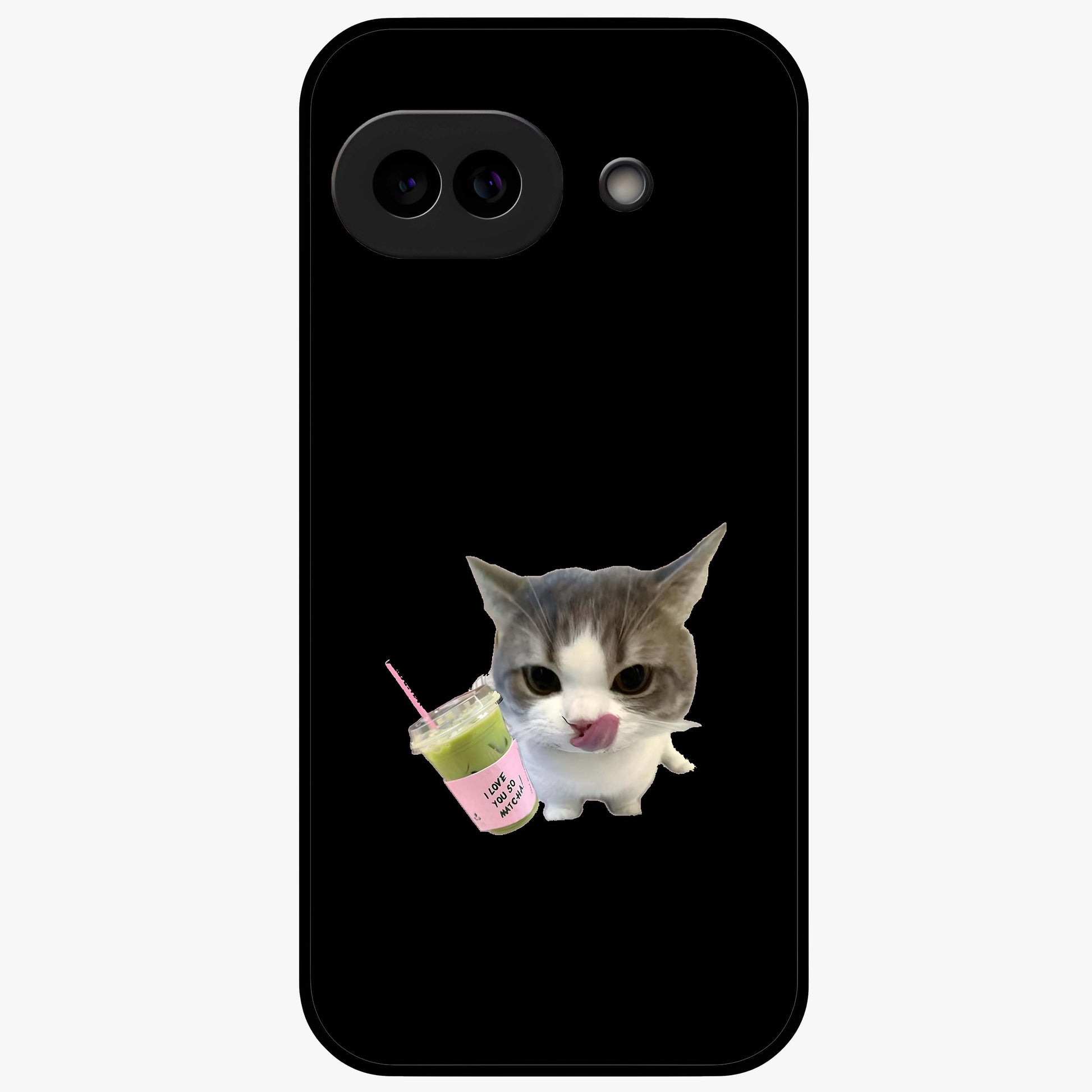 Matcha Cat Style Glass Case showing flat back view with cute matcha themed cat artwork and glossy glass finish.