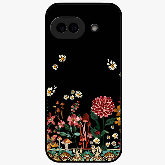 Midnight Bloom Pattern Glass Case showing flat back view with dark floral pattern artwork and glossy glass finish.