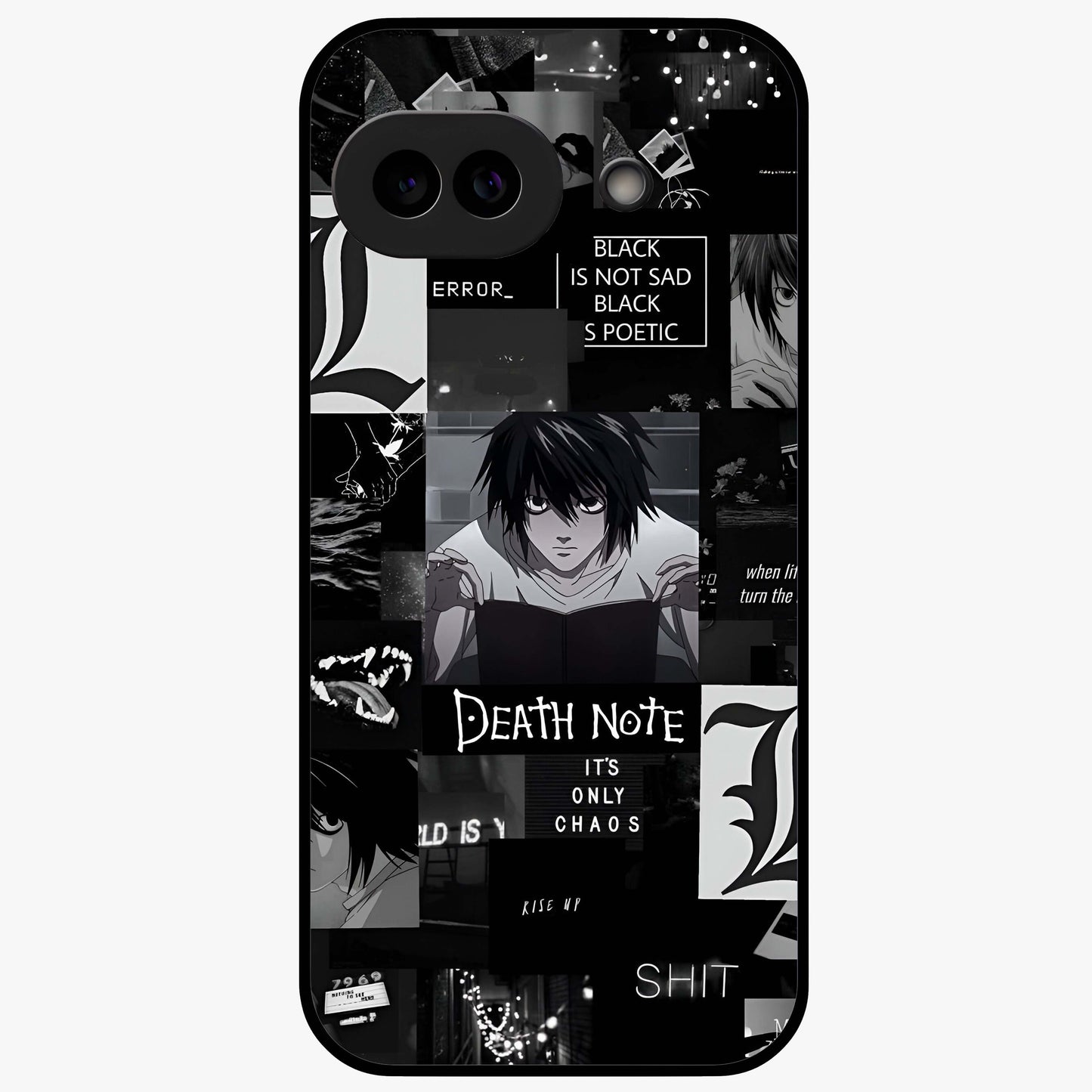 Midnight Chaos Mind Glass Case showing flat back view with abstract dark themed artwork and glossy glass finish.
