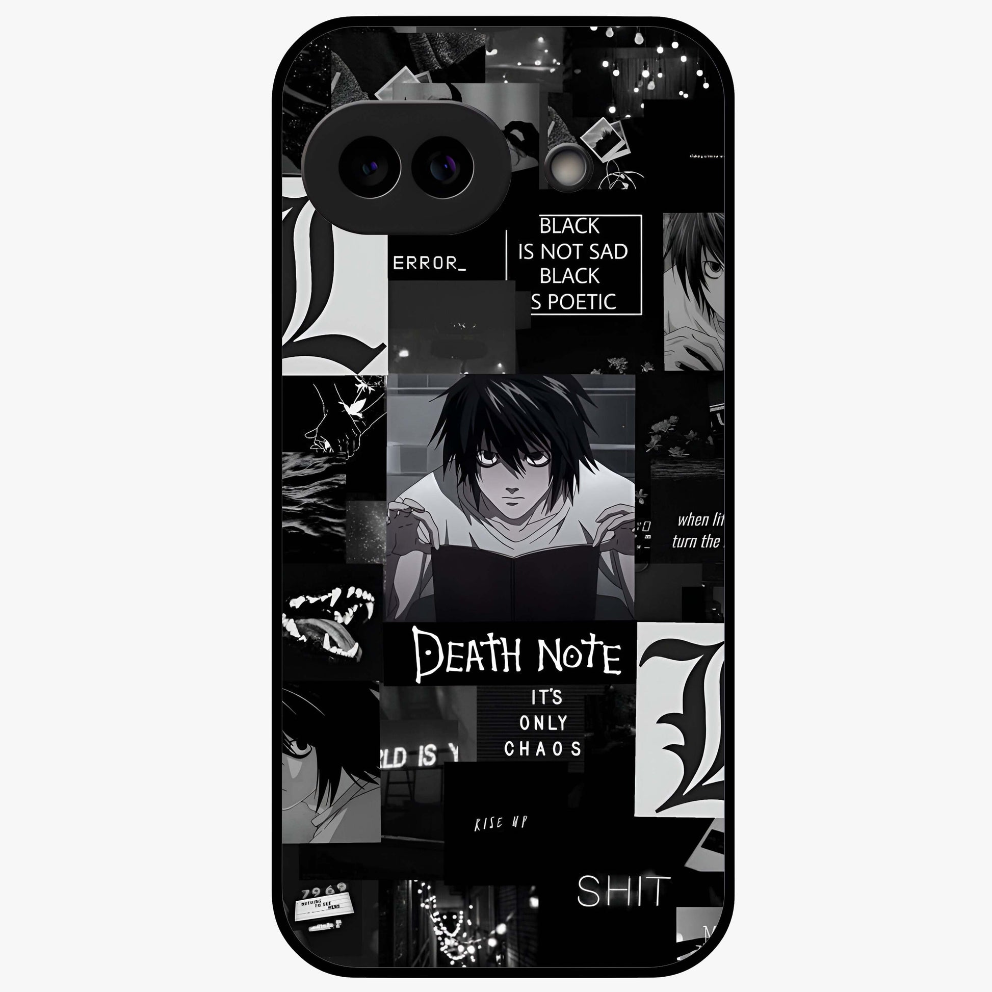 Midnight Chaos Mind Glass Case showing flat back view with abstract dark themed artwork and glossy glass finish.