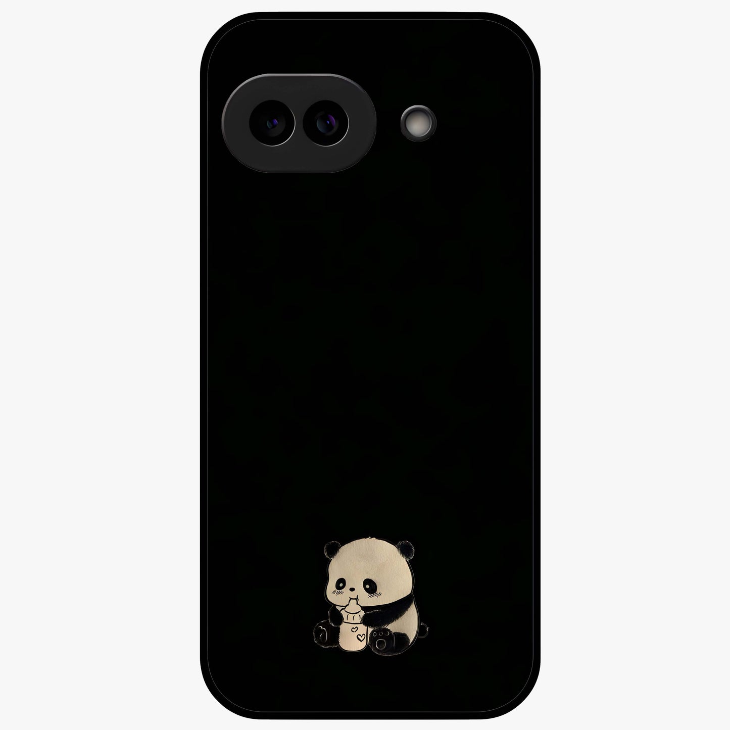 Midnight Panda Love Glass Case showing flat back view with cute panda themed artwork and glossy glass finish.