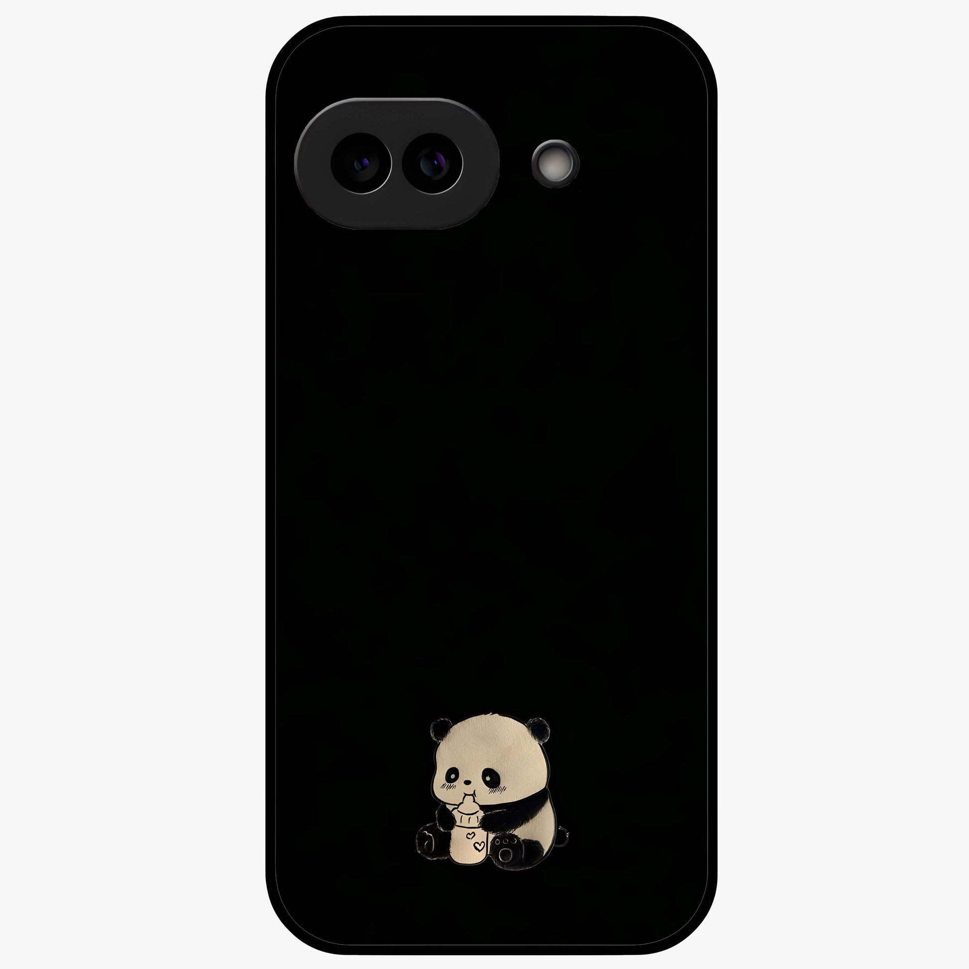 Midnight Panda Love Glass Case showing flat back view with cute panda themed artwork and glossy glass finish.