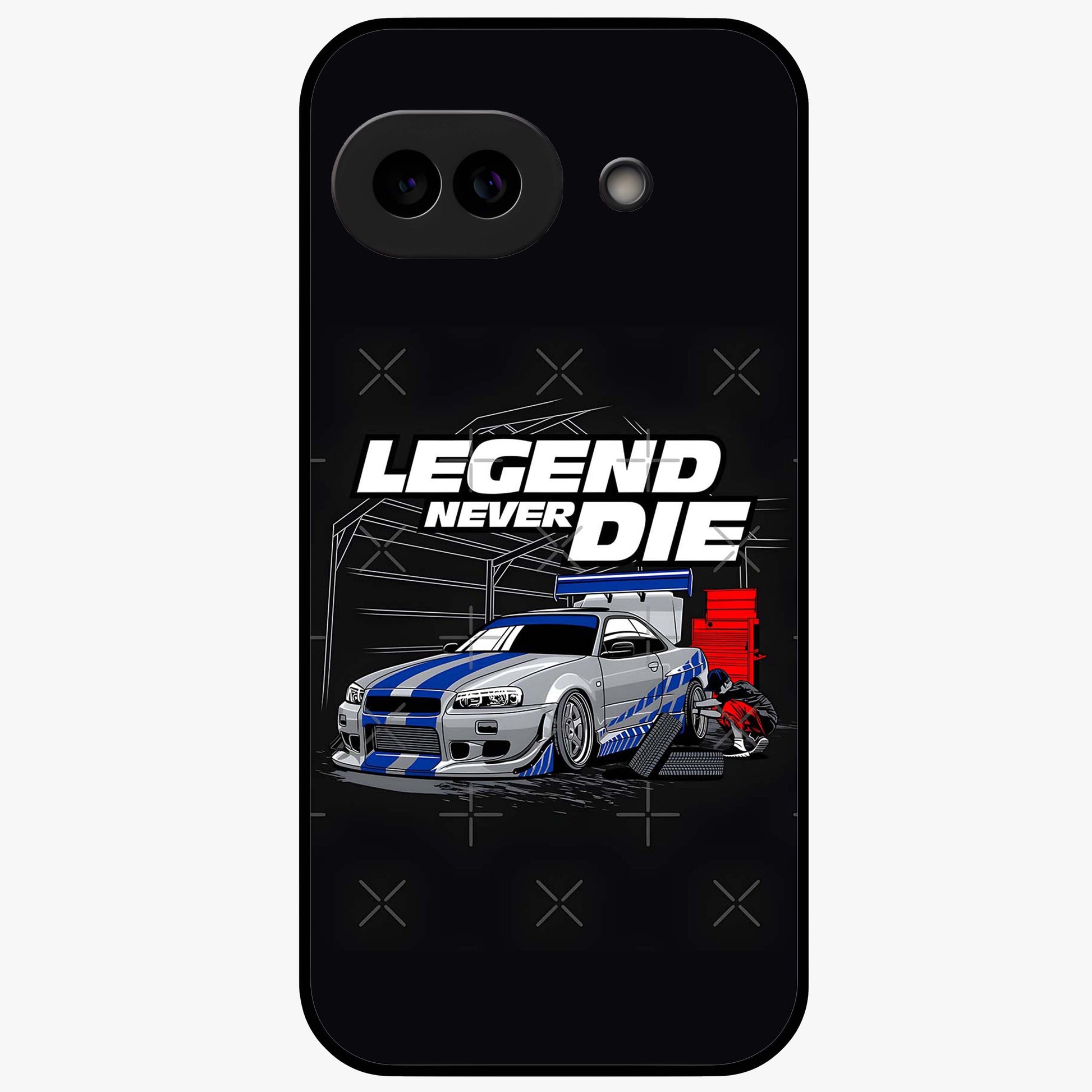 Midnight Racing Legacy Glass Case showing flat back view with sleek racing inspired artwork and glossy glass finish.