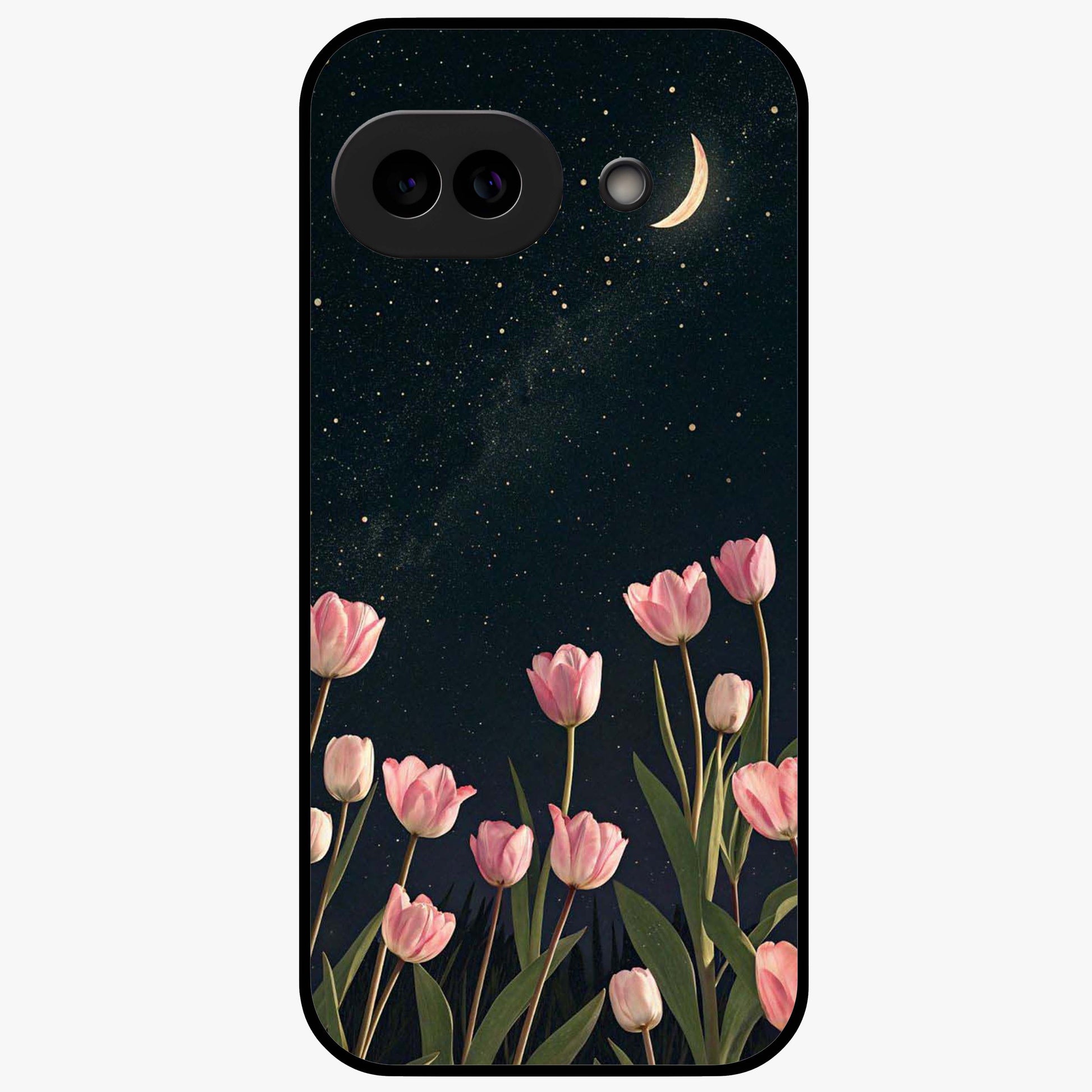 Midnight Tulip Whispers Vibe Glass Case showing flat back view with elegant tulip flower artwork and glossy glass finish.